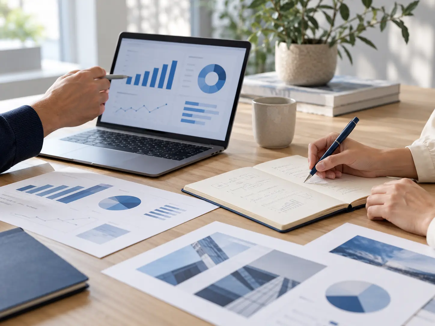 Collaborators reviewing a notebook and blue business charts beside a laptop